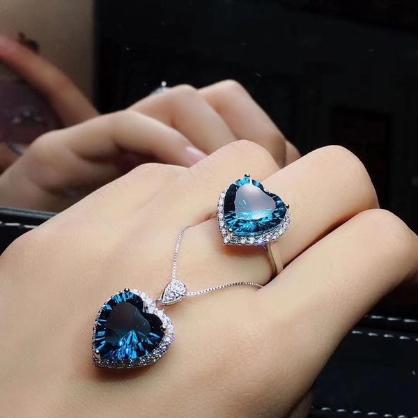 

classic ocean blue z gemstone ring and necklace with 925 silver jewelry set, Black