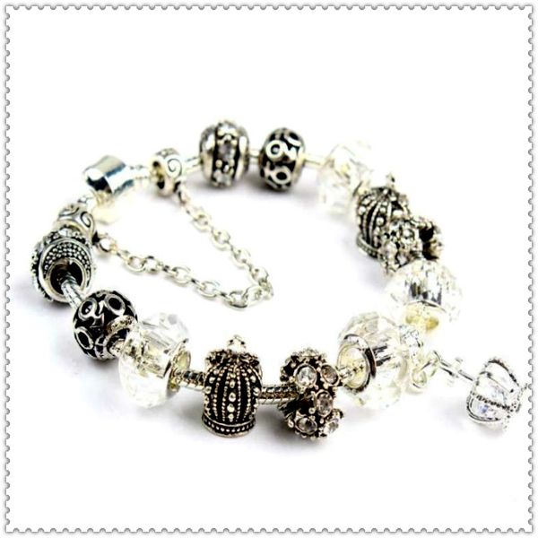 

18 19 20 21cm charm bracelet 925 silver plated bracelets royal crown accessories purple crystal bead wedding jewelry, Black