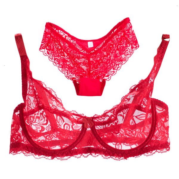 

bra set women transparent bra set three quarters lingerie ultra thin and panties set lace bralette brief b lingerie underwear, Red;black