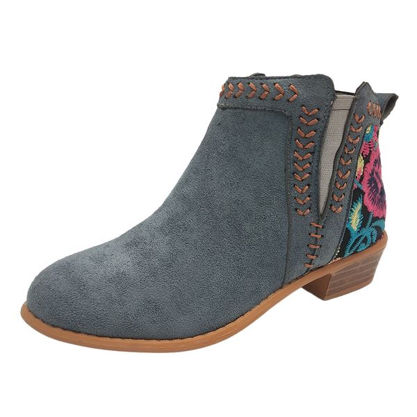 

women's large size boots rome large size embroider flower square med heels short boots women winter botas mujer invierno 2019, Black