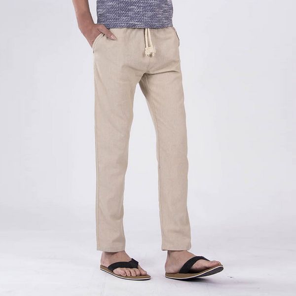 

casual pants for men fashion cotton linen straight pants solid color drawstring waist slim fit breathable comfortable pant, Black