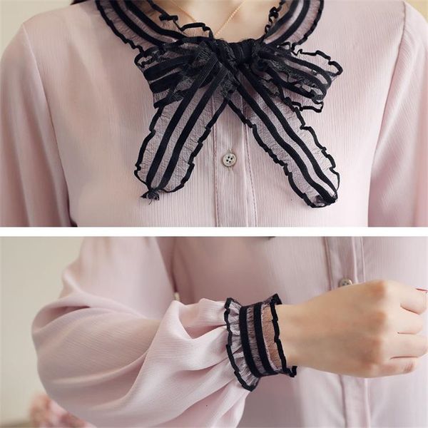 

шифон кант лоскутной блузы vrouwen ньиве лента koreaanse kantoor буг рубашка lange mouwen blusas топы feminino cm1143, White