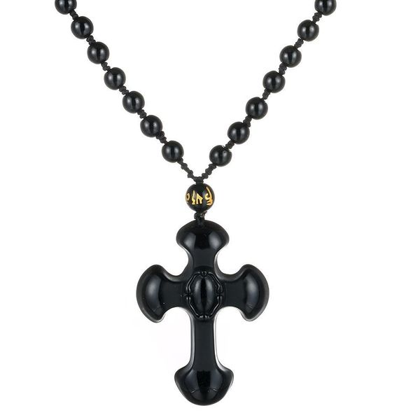 

handmade om beads chain natural black obsidian carving crosses lucky amulet pendant necklace for women men 1316, Silver