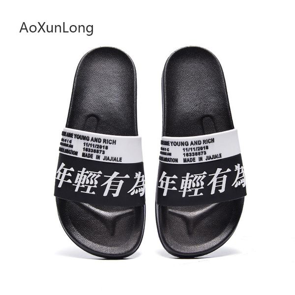 

summer men's home slippers indoor anti-slip bathroom slides fashion flat-soled couple sandals outdoor men's beach flip flops, Black