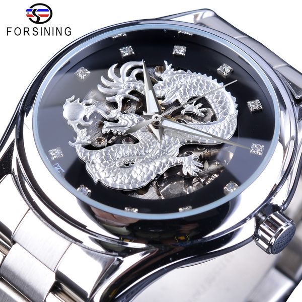 

forsining watch classic dragon design silver stainless steel diamond display men automatic wrist watches brand luxury montre homme, Slivery;brown