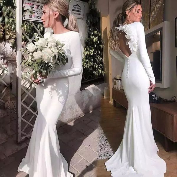 2019 nuovi arrivi spiaggia aperta indietro abiti da sposa a sirena con maniche lunghe gioiello collo sweep sweep treno abiti da sposa in raso bianco moderno