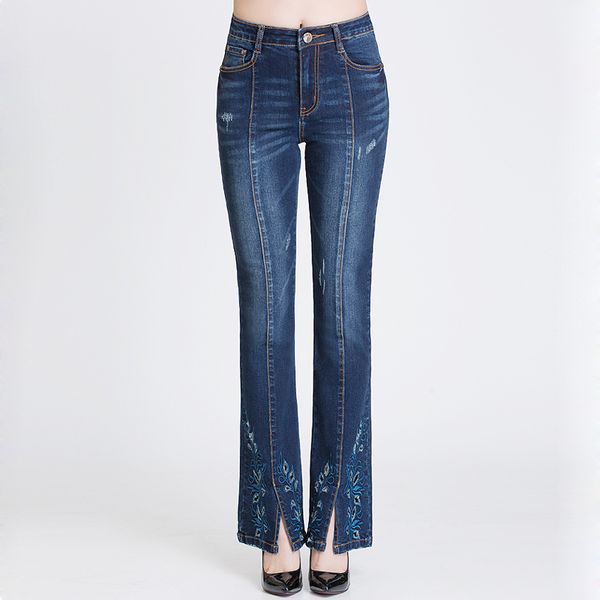 

2019 new womens clothing jeans elastic skinny high waist pants femme ripped embroidery flare pants women boyfriend plus size, Blue