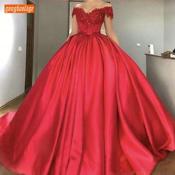 

stylish off shoulder red evening gowns princess satin ball gown evening dresses lace applique lady formal dress long custom made, White;black