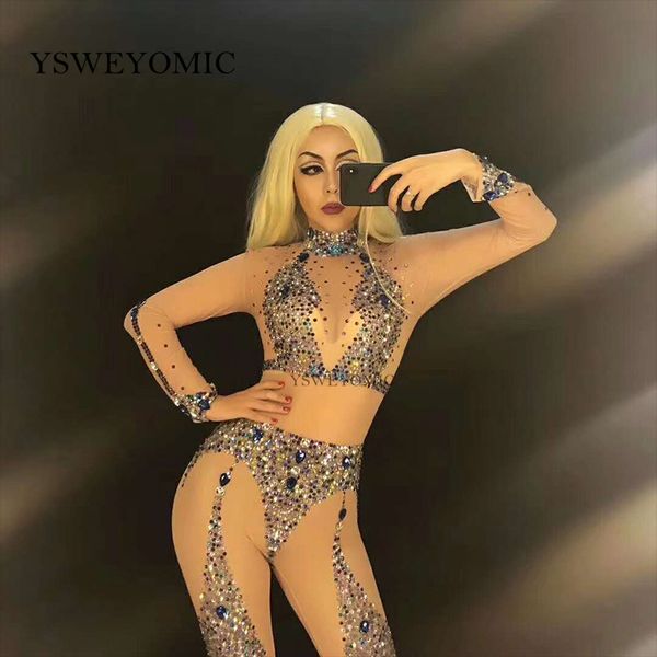 

see through jumpsuit colorful sparkly rhinestones prom birthday female singer show stage wear women dance clothes, Black;red