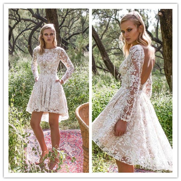 

vintage lace wedding dress with detachable skirt long sleeve beaded appliques knee length wedding dress a line backless bridal gowns, White