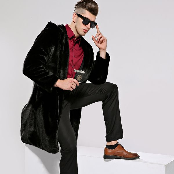 

chao men's long style men's fur-like coat fur coat fur, Black
