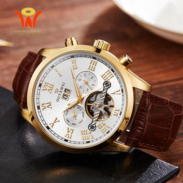 

original oyw gold male skeleton mechanical hand wind watch men 30m waterproof fashion business wristwatches relogios, Slivery;brown