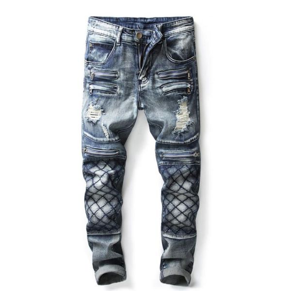 

Men's Motorcycle Biker Jeans Zipper Hole Distressed Slim Denim Trousers Hip Hop Ripped Pants Blue Size 29-38 High Quality,9007#