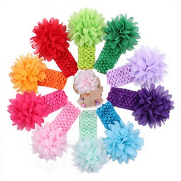 

50 pcs baby headwear head flower hair accessories chiffon flower with soft elastic crochet headbands stretchy hair band fj389, Slivery;white