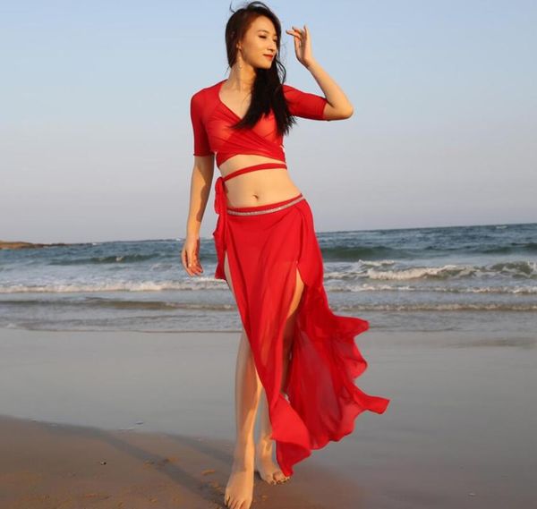 

dance wear belly dance clothes 2pcs shirt skirt set women oriental costumes side slit long skirt white large, Black;red