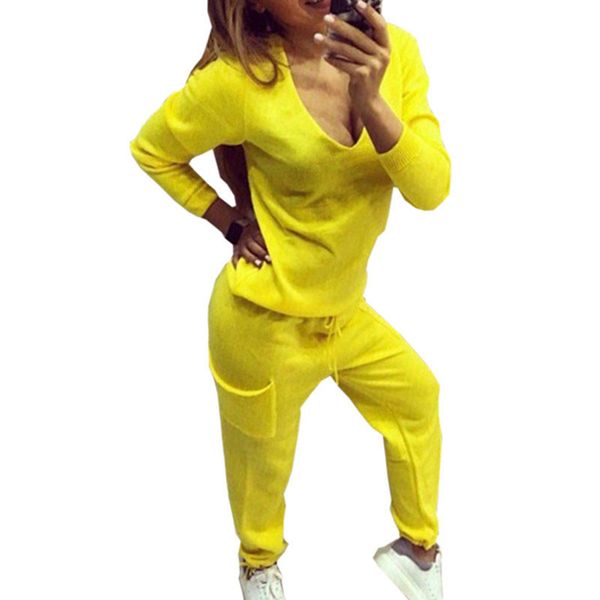 

Casual Tracksuit Women 2 Pieces Set Knitted Pullover Sweaters Tops Deep V -Neck Long Sleeve Sweatshirt +Pants Women 'S Sets Female