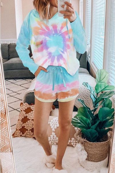 

бесплатно для пижамы tiedye для женщин crew neck tie dye pajama коротких наборы набор tie dye ночных пижамы цветочных печатей hotclipper, Blue;gray
