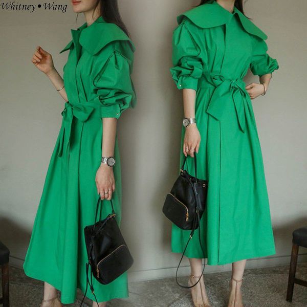 

whitney wang 2019 autumn fashion streetwear korean style solid color big collr trench coat women office lady outerwear, Tan;black
