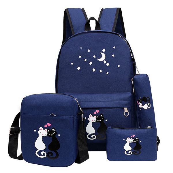 

4pcs/set women backpack cat printing canvas school bags for teenager girls preppy style rucksack cute book bag mochila feminina