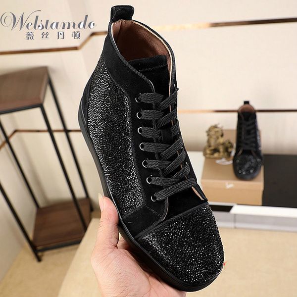 

high clsp red bottoms shoe lace up for men white rhinestone leather gold rivet casual high cut sneakers flat loafers 7500b, Black