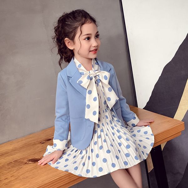 

little girls solid blazers full sleeve baby girls coat double-breasted princess outwear 2019 spring turn-down collar kid clothes, Blue;gray
