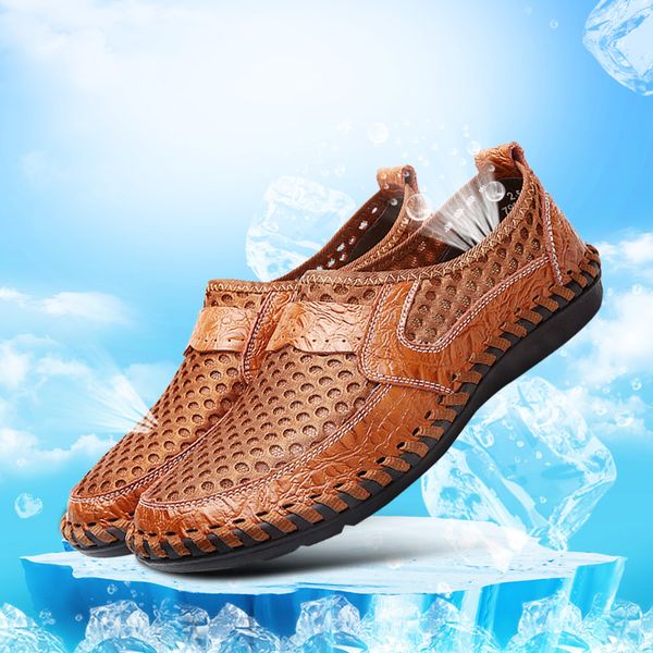 

merkmak 2020 new summer men net shoes genuine leather casual men sandals loafers shoes lazy style breathable big size 38-48, Black