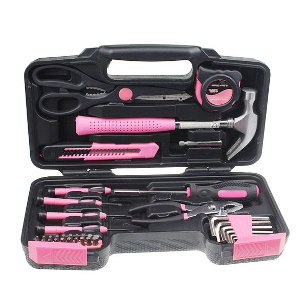 

pink 39 piece diy household home hand tool set kit box with hard storage case