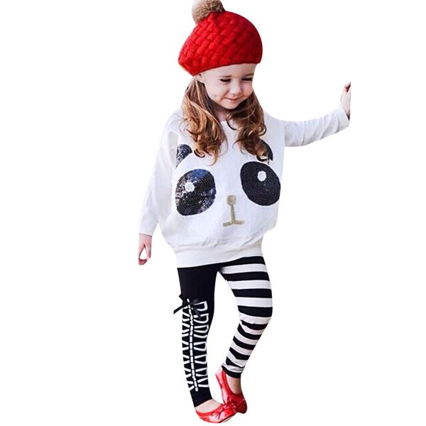 

baby girls clothes teenage girls clothing 2pcs panda sequins +striped bow pants winter cloth roupas infantis menina, White
