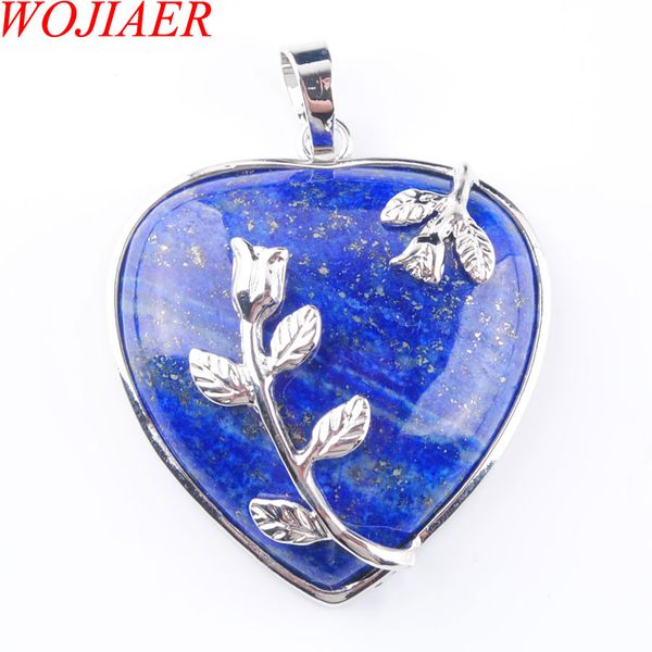 

wojiaer love heart gem stone necklaces pendant natural lapis lazuli stone charms bohemian style women jewellery n3179, Silver