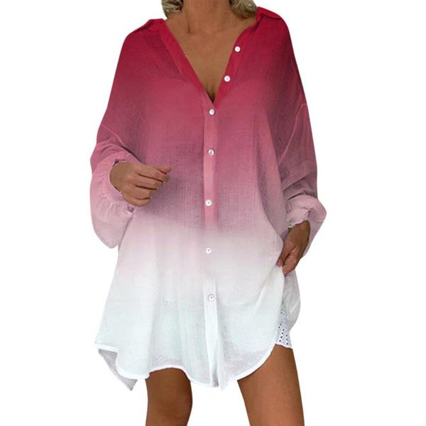 

jaycosin female blouse women casual gradient long lantern sleeve shirt irregular blouses button loose ladies girls 805, White