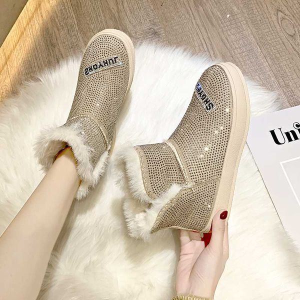 

2019 winter rhinestone women snow boots plush lining low-heeled ankle boots australian silver lace fashion cotton shoes, Black