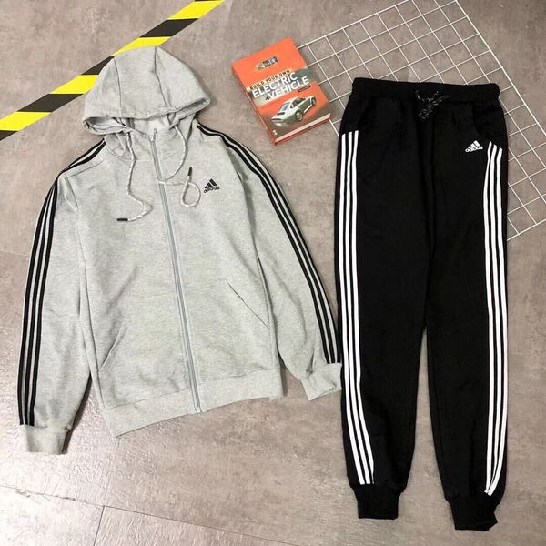 

2 piece men set zipper striped hooded jacket sweatshirt drawstring pants mens sportwear suits casual hoodies tracksuits, Gray