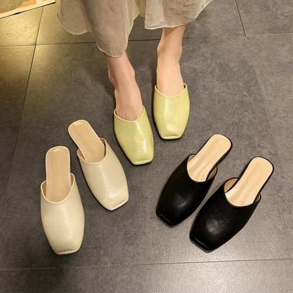 

slhjc 2020 summer slippers square toe mules shoes sandals women flay heel casual outside house shoes flats drags slides, Black