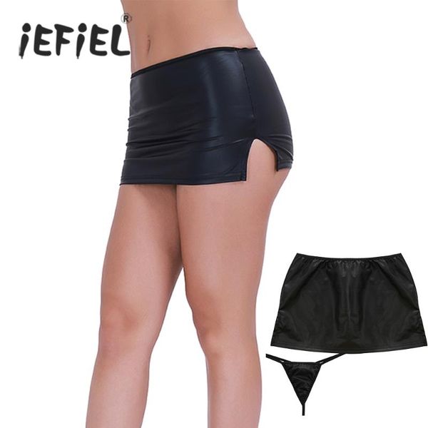 

skirts iefiel womens mini wetlook skirt with g-string night clubwear for women's clothes pole dancing, Black