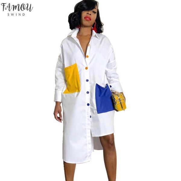 

streetwear white shirt dress for women 2020 turn-down collar long sleeve pockets button up tunic dress loose casual day dresses, Black;gray