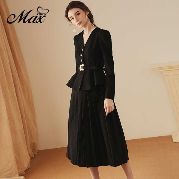 

two piece dress max spri 2021 fall winter women 2-piece skirt suits v neck full sleeve buckle sash ruffles pleated daily outfit, White