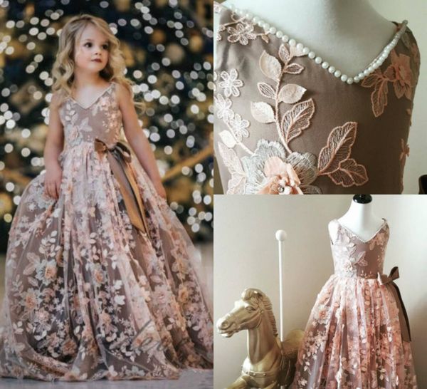 

2019 cute bohemian flower girl dresses for weddings a-line v neck kids pageant dress beach wedding pearl birthday lace first communion gowns, White;blue