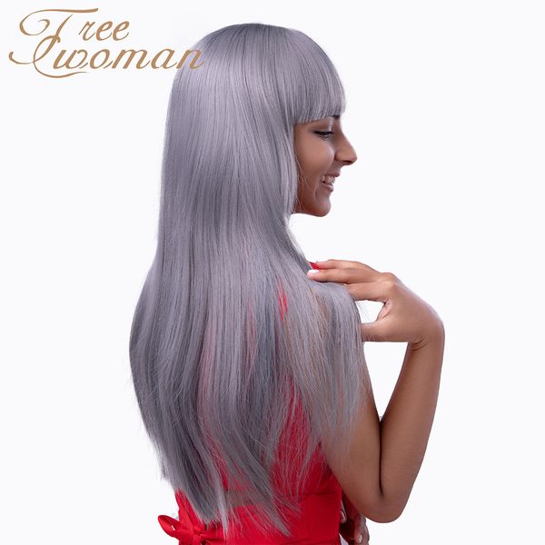 

oman 24in silver gray straight wigs with neat bangs synthetic wig natural black wig for women heat resistant hair