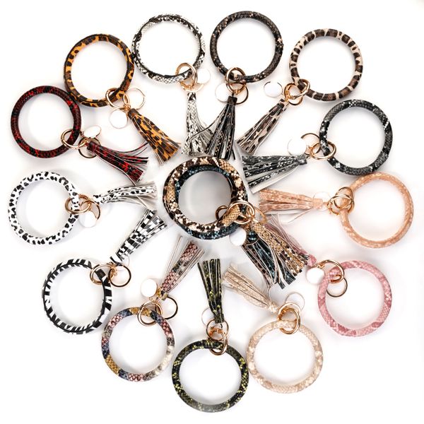 

allyes snakeskin & leopard circle wristlet keychain for women girls 2019 fashion charm animal print leather bangles jewelry, Black