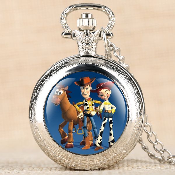 

movie theme pocket watch cartoon pattern toystory quartz pocket watches pendant clock with necklace chain gifts for kids, Slivery;golden