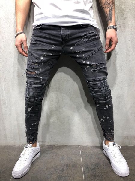 

mens designer harajuku wind hole-piercing jeans slim outside feet broken knee piece design fashionable locomotive pants, Blue