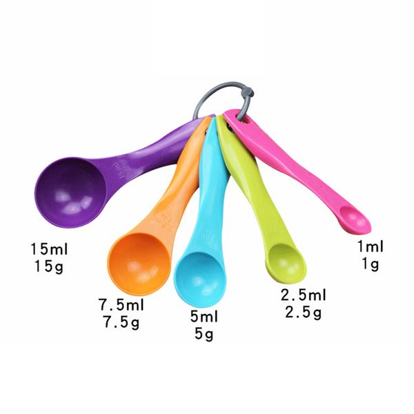 

5 pcs/set measuring spoons colorful plastic (1 / 2.5 / 5 / 7.5/ 15ml) measure spoon super useful sugar cake baking spoon