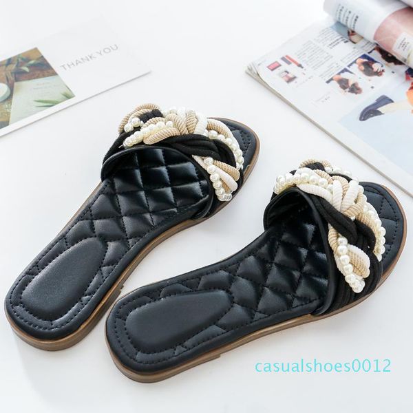 

jawakye black real leather slipper woman open toe pearl flowers flat slides women fashion beach sandals 2018 c12