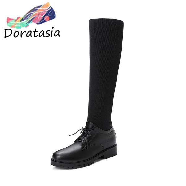 

doratasia new autumn sweet girl fake leather knee high sock boots women 2019 large size 32-43 add fur shoes woman low heels, Black