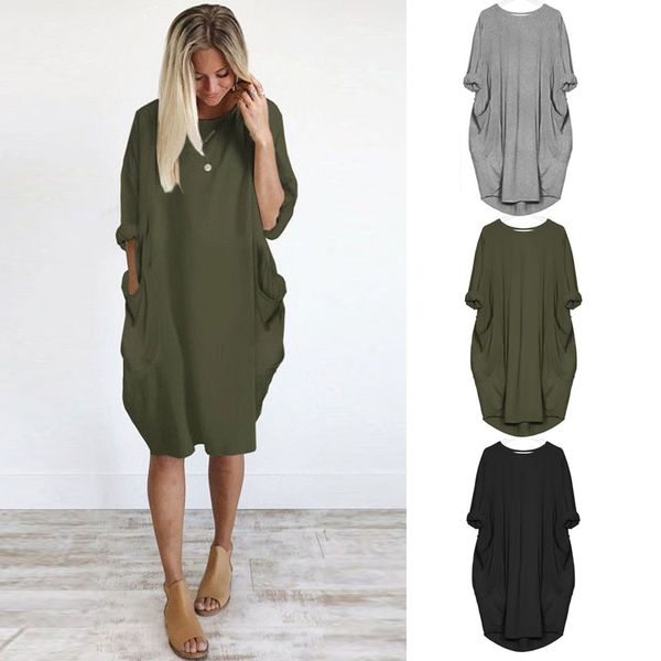 

летние женские платья pocket loose dress дамы с круглым вырезом повседневная длинная девушка топы платье женская мода большой vestido # wqy5, Black;gray
