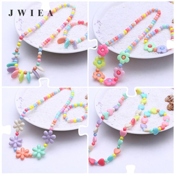 

women femme resin sets kids necklaces girls flower bracelet pearl necklace kids geometric necklace beads children jewelry summer, Silver