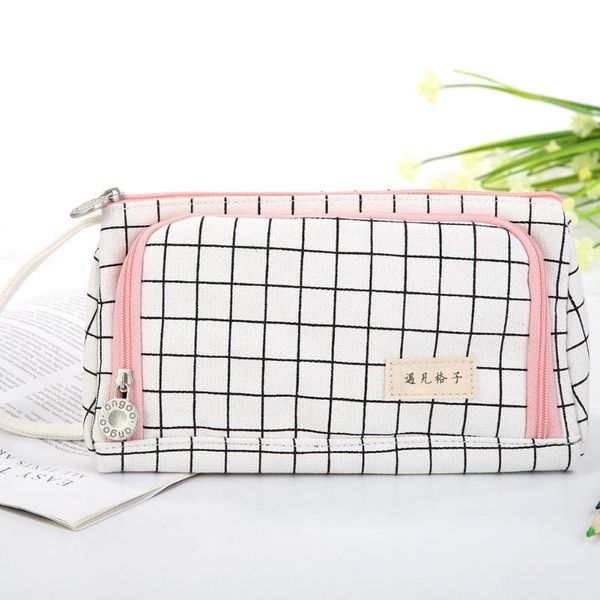 

simple cartoon canvas bag multi-function lattice stationery large capacity double layer travel portable storage tool