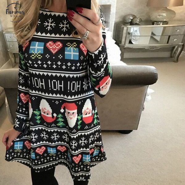 

natural casual cute printed christmas dress s 5xl large size winter women dresses plus size vestidos casual 2020 loose party short dress, Black;gray