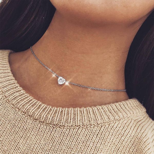 

crystal heart necklace pendant female short gold chain necklace pendant crystal heart chocker neck, Silver