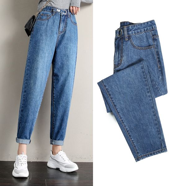 

new women simple solid high waist loose ankle-length jeans fashion ladies mom elastic gray blue casual harem denim pants
